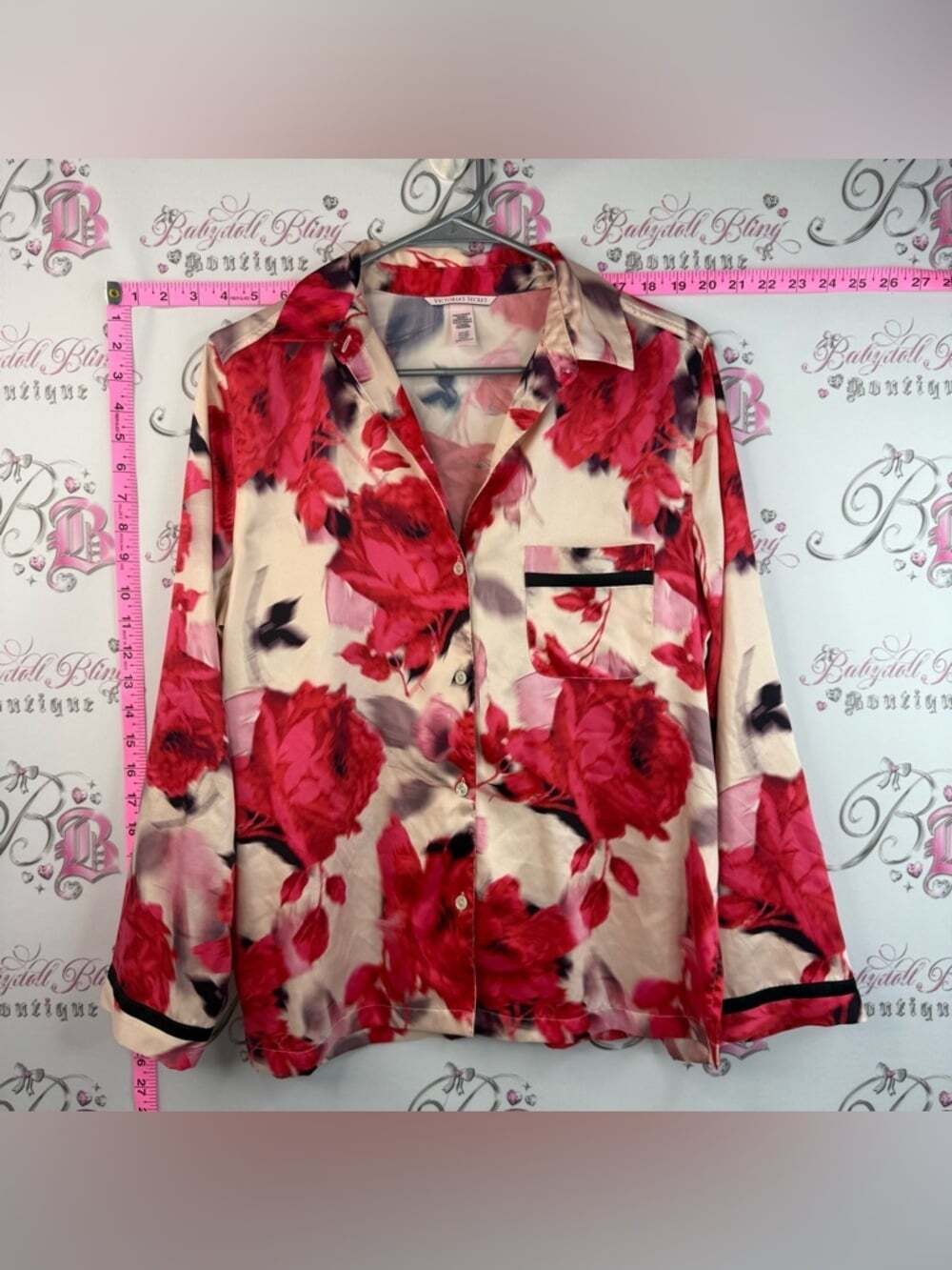 Victoria's Secret long sleeve shiny Pink and Cream Floral Satin Button-Up Top